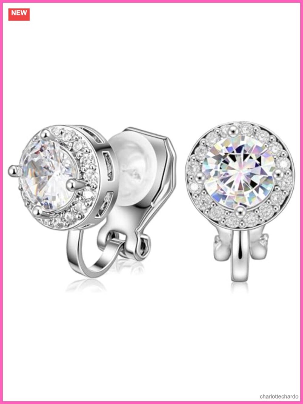Clip On Dance Earrings Cubic Zirconia Crystal Halo Rhinestone Non Pierced Stud